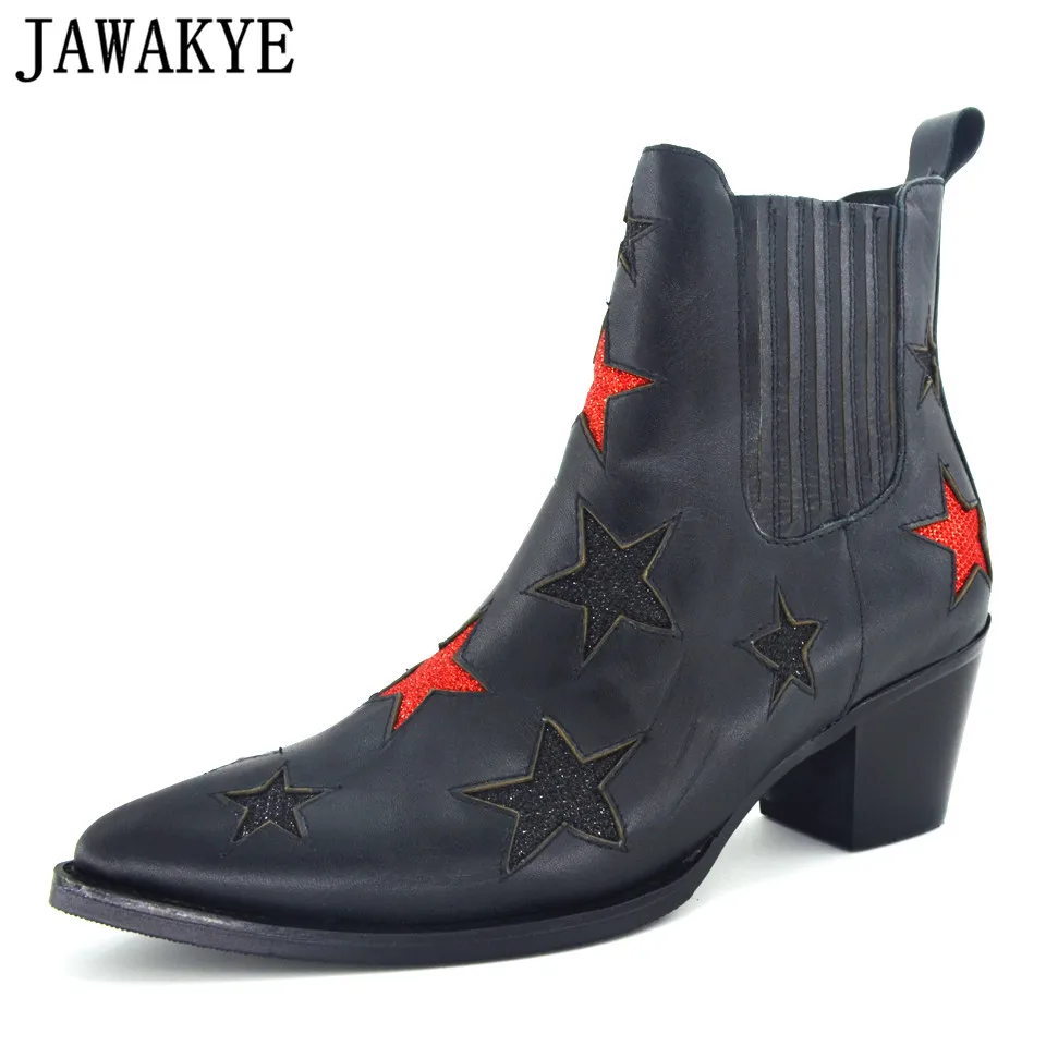 

JAWAKYE Ankle Boots Pointed Toe Women Booties red star decor chunky high Heels genuine leather Motorcycle Shoes martin boots