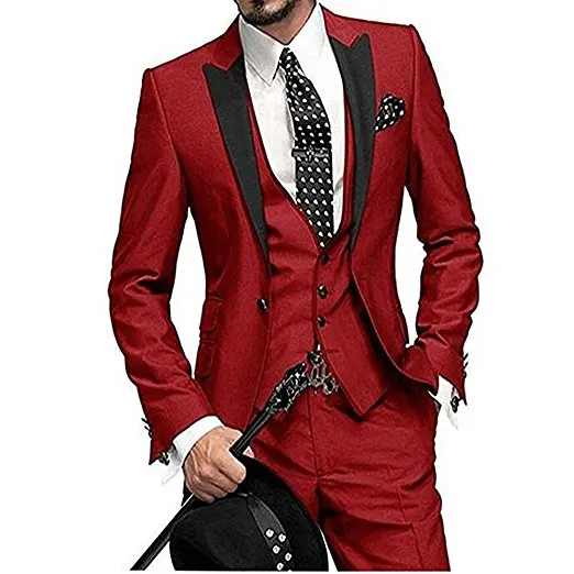 

Mens Slim Fit 3 Piece Suit Groomsman Formal Business Wedding Tuxedo One Button Prom Peak Lapel Stage Suit 2019 Blazer Red