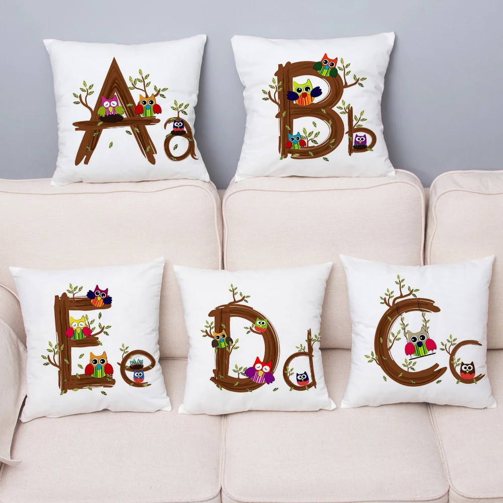 

Cute Owl Letter A-Z Print Cushion Cover Super Soft Short Plush Pillows Covers 45cm White Throw Pillow Case Home Decor Pillowcase