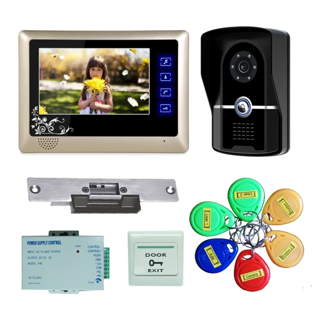 7 Inch Wired Video door Phone Doorbell Video Intercom System 1-Camera 1-Monitor With Electronic Lock, Power Supply,RFID Keyfobs