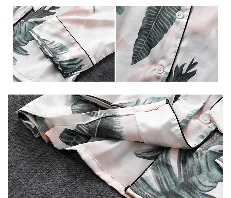 Queenral 2 PCS Silk Satin Women Pajama Set Sleepwear Long Sleeve Trousers Lingerie Homewear Pijamas For Woman Home Suit Printing12