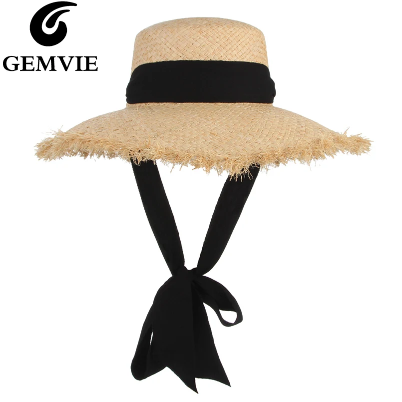Meilleur GEMVIE à la main tissage raphia chapeau de paille pour les femmes à large bord disquette chapeau de soleil chapeaux d été dame casquette de plage avec mentonnière à la mode