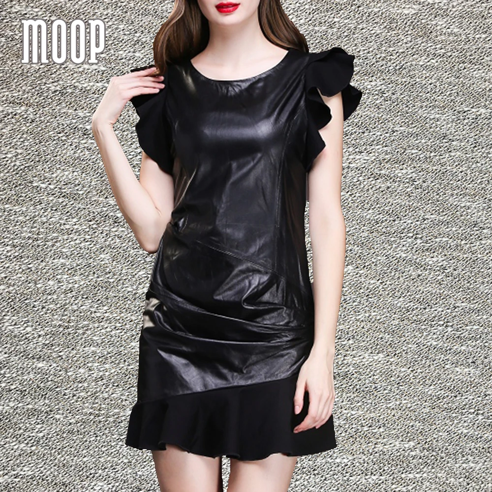 Buy Black genuine leather spliced dress sheepskin mini