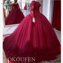 Бордовое прозрачное кружевное Пышное Платье с длинными рукавами Пышное Бальное Платье с горловиной лодочка платье на выпускной в языческом стиле Vestido De 15 Anos