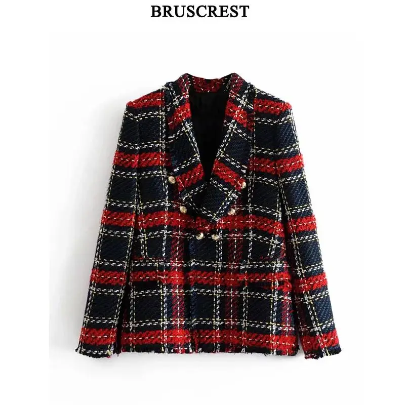 

Vintage red plaid tweed blazer Coat Women Double Breasted tassel suit jacket Winter casual blazer femme lady office outerwear