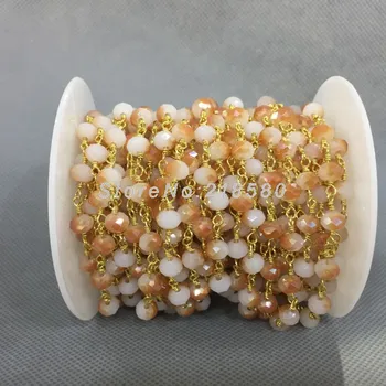 

4x6mm Gold Plating Faceted Rondelle Beads Half Jacinth Glass Crystal Rosary Style Chain RC5034