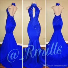 

Customize Red Royal Blue Mermaid Long Prom Dresses 2019 Lace Applique Backless Beading Prom Gown vestidos de festa