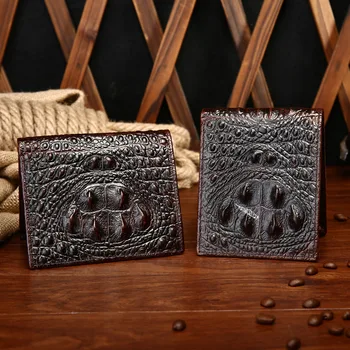 

New Men Genuine Leather Wallet with Crocodile Pattern, Deep Brown Coffee, Short Purse