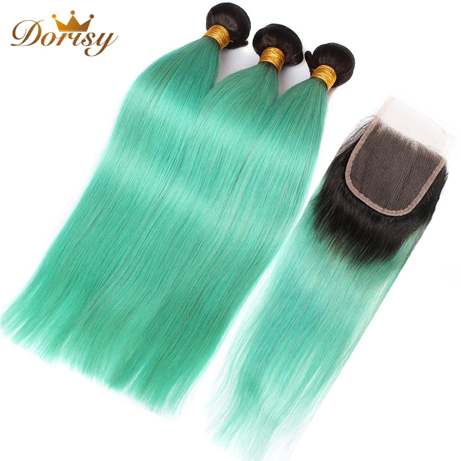 T1b Green Ombre Bundles With Closure Straight Human Hair Bundles With Closure Lace Closure With Malaysia Remy Hair Bundles