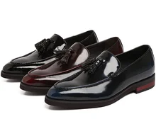Pai’s Sapatos Preto/vermelho/vinho azul mocassins mens vestido sapatos de couro genuíno sapatos de negócios dos homens sapatos de casamento com borla