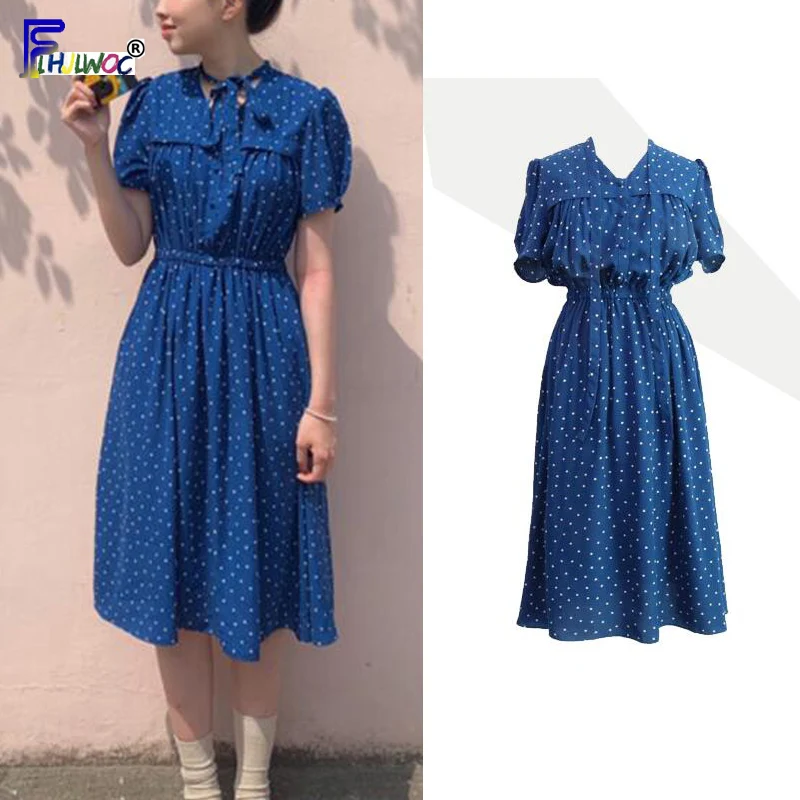 

A Line Dresses Summer Women Short Sleeve Slim Waist Korean Japan Preppy Style Clothes Bow Tie Polka Dot Shirt Dress Long 5196