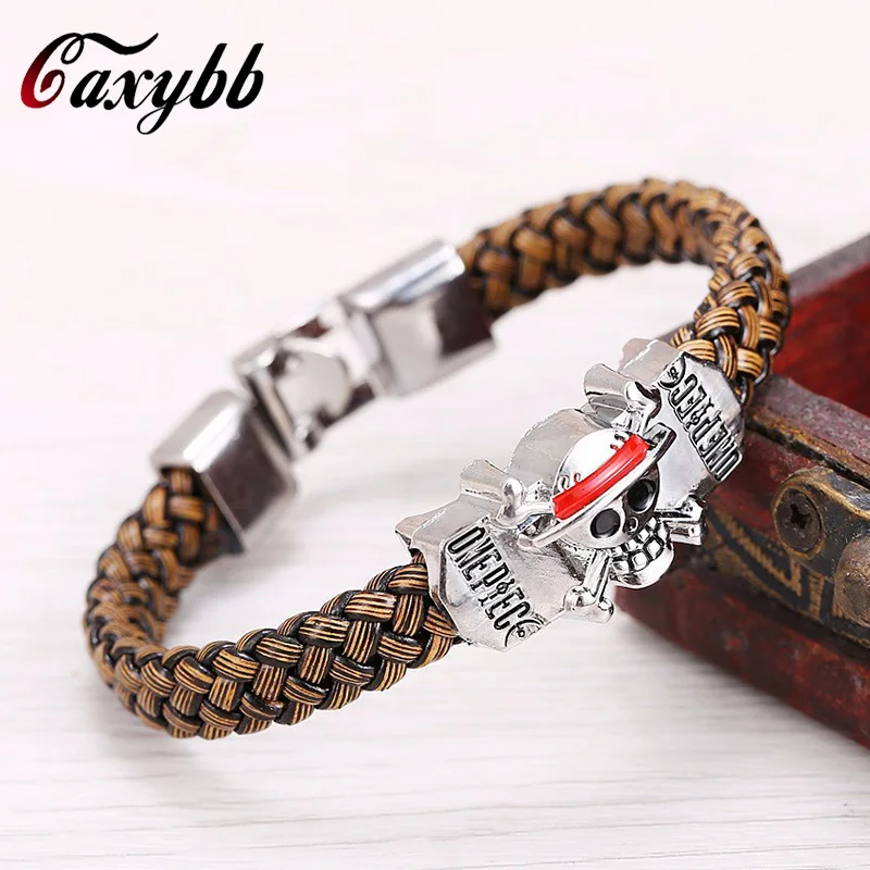 Hot font b Anime b font One Piece Luffy flagship straw hat Skeleton Logo weave leather