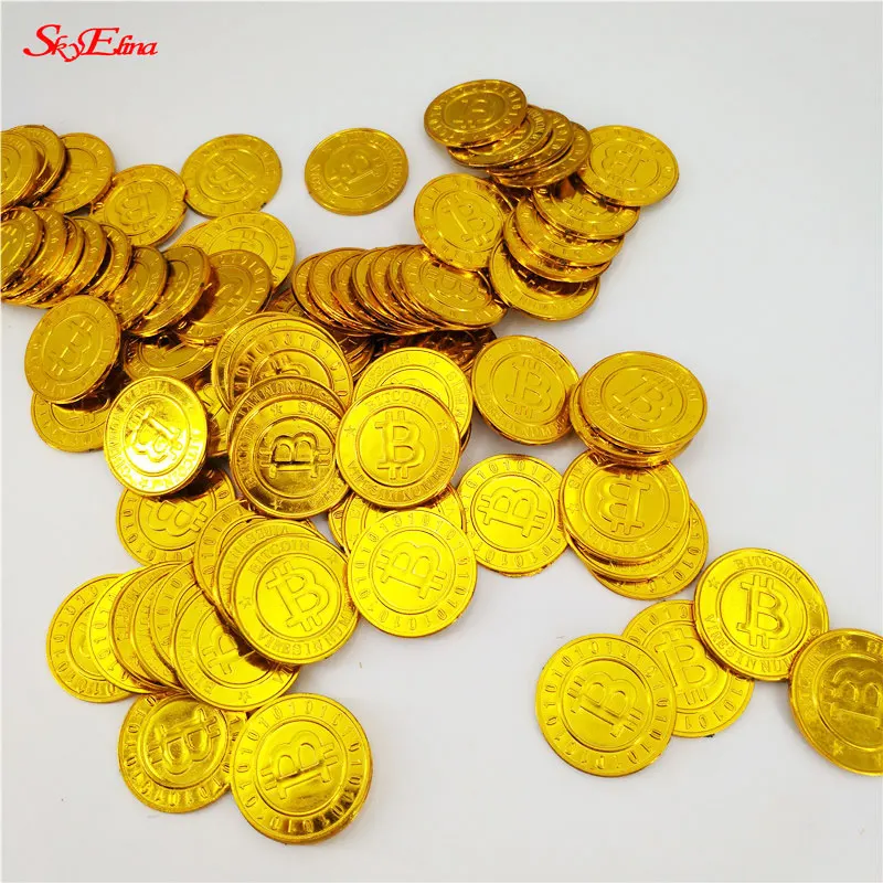 50pcs 44mm Plastic Gold Bitcoin Coin Home Decor Ornaments Non-currency Coins Baby Kids Game Props 7ZHH264
