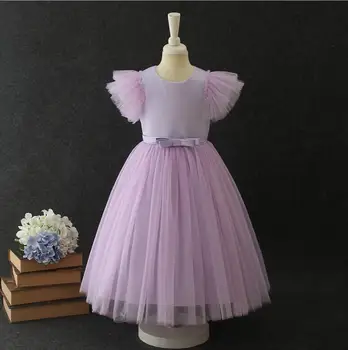 

2019 New Baby Girls Puff Sleeve Bow Mesh Dresses, Princess Kids Elegant Flower Clothing With Movable Cape 3-8T 6 pieces/lot