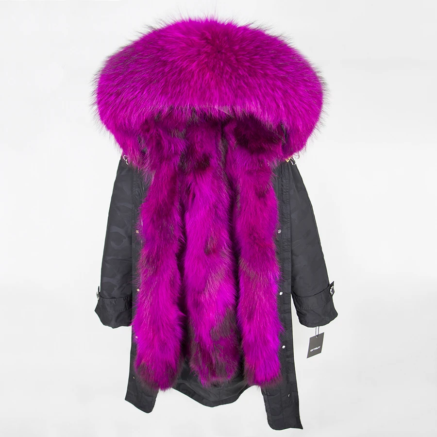 OFTBUY, зимняя женская куртка, пальто с натуральным мехом, удлиненная Камуфляжная парка, воротник из натурального меха енота, капюшон с мехом лисы внутри, уличная одежда - Цвет: black camouflage