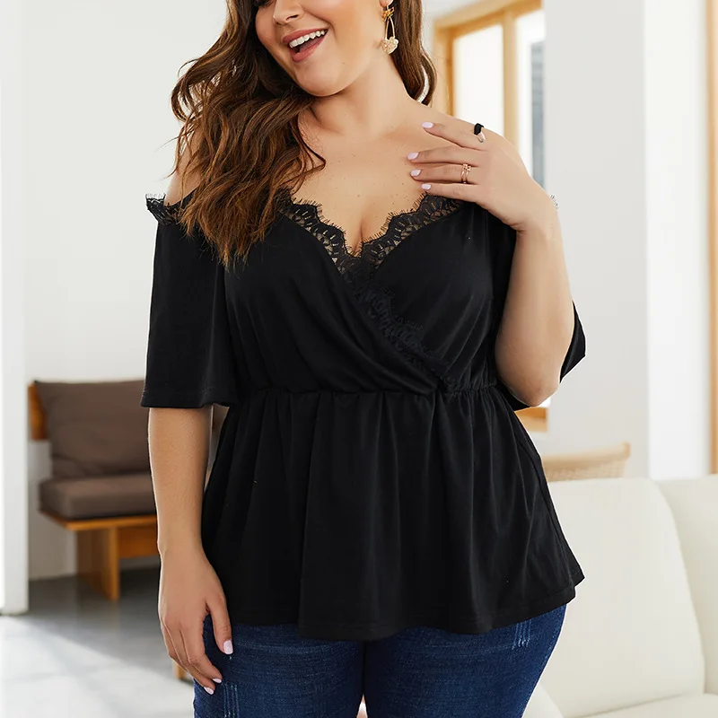 

Kimuise v neck sexy women lace patchwork T-shirts black lace off shoulder top shirts 2019 summer tops harajuku