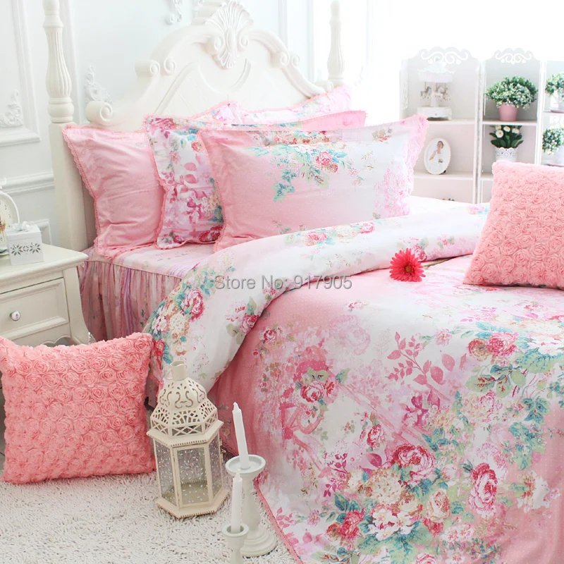 Romantic Pink Rose Print Bedding Sets Elegant Rustic Vintage