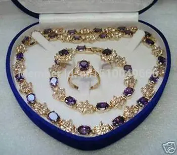 

Hot sale FREE SHIP>>>Stylish bride wedding purple crystal set necklace bracelet earring ring set