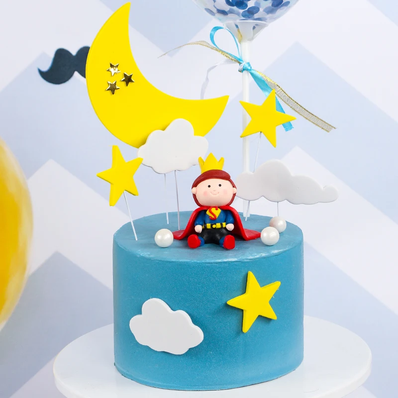 

Cute Little Prince Cake Topper with Cloud Stars and Moon Dessert Decoration for Boys Kids Favors Birthday Party Supplies