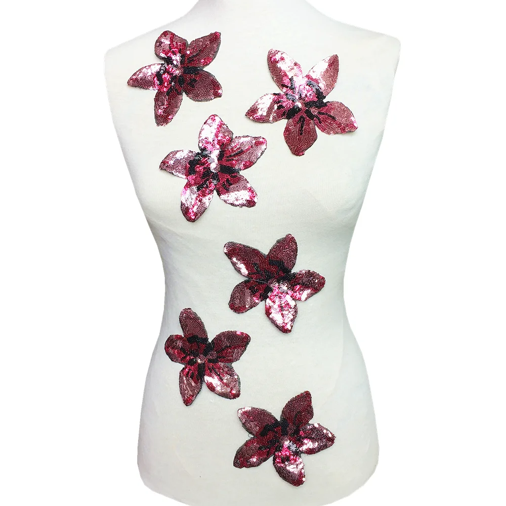6 шт. розовый блестящий цветок патч 3D вышитый бисером аппликация цветы нашивки для одежды сумки аппликации Parches DIY 13x12 см железо на AC1044B