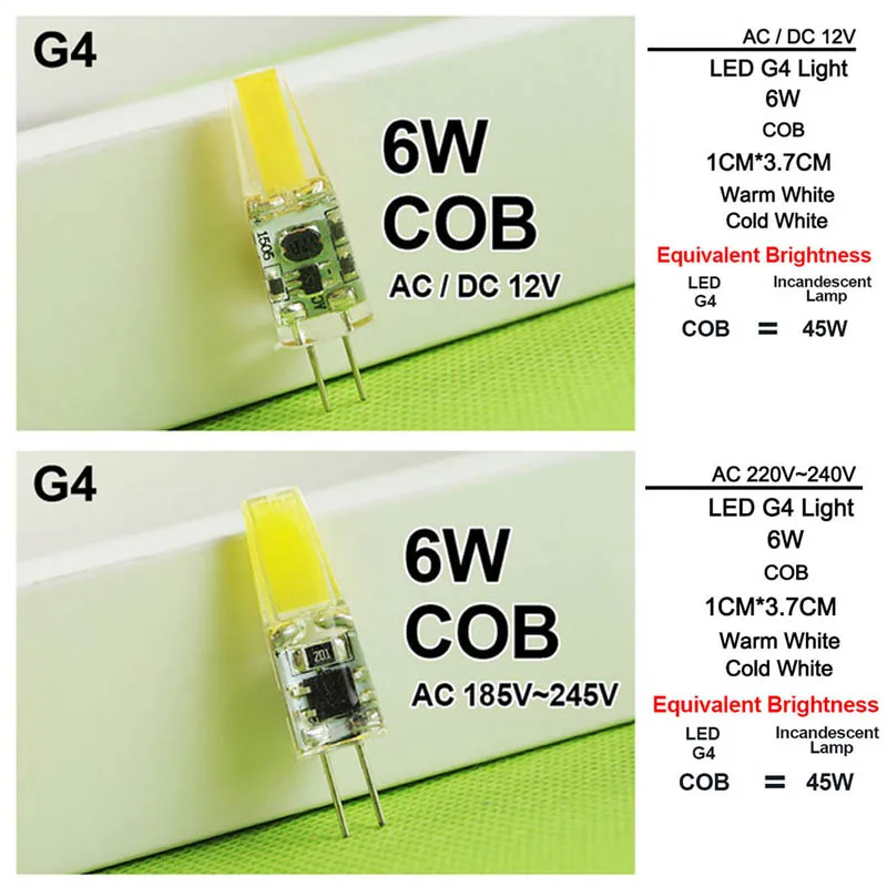 [DS 10 piezas regulable COB G4 G9 bombilla LED 6 W 10 W AC 220 V DC 12 V LED lámpara LED luz cristal Lampadine Lampara ampolla bombilla LED G4