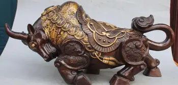 

21"China Bronze Gilt Wealth Money Zodiac Year Bull Ox Oxen Cattle Animal Statue 02017