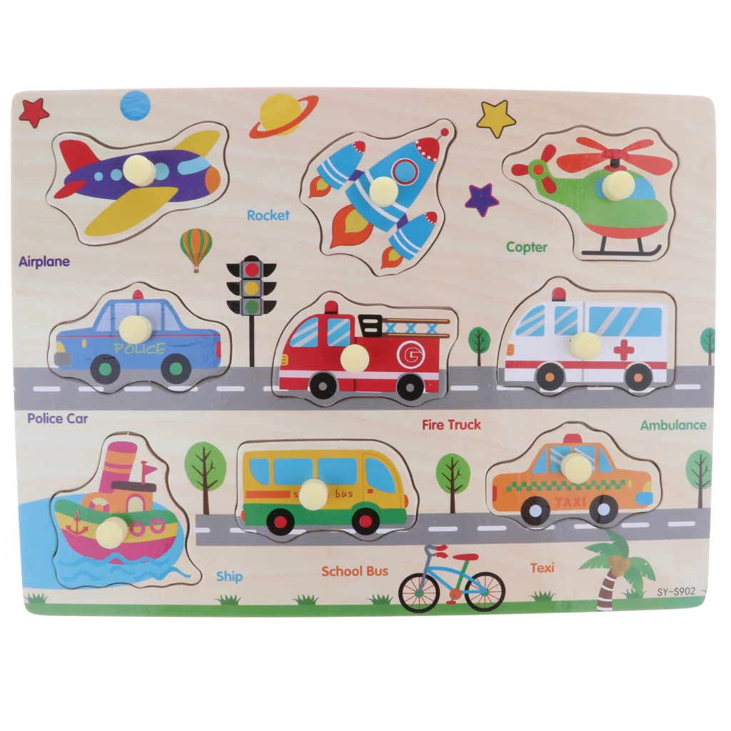 2 Sets Wooden Peg Puzzle Jigsaw Educational Toys for 1-4 Year Olds Baby Toddlers - Traffic & Farm Animals