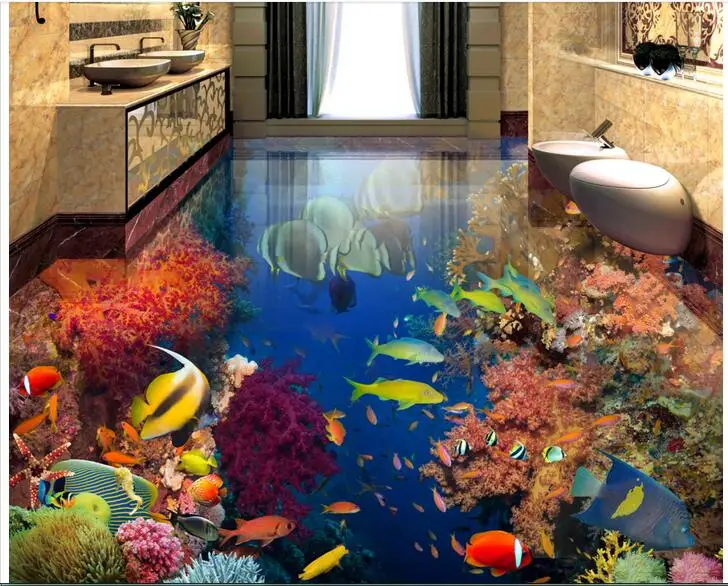 

3d pvc flooring custom mural Self adhesive waterproof floor The fish in the coral painting picture photo wallpaper for walls 3d