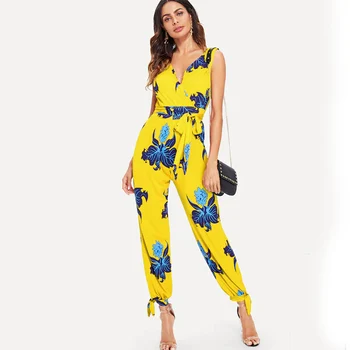 

Women Bohemian Backless Sleeveless V-Neck Floral Printed Loose Floral Summer Clothes Summer Beach Jumpsuit yellow red blue