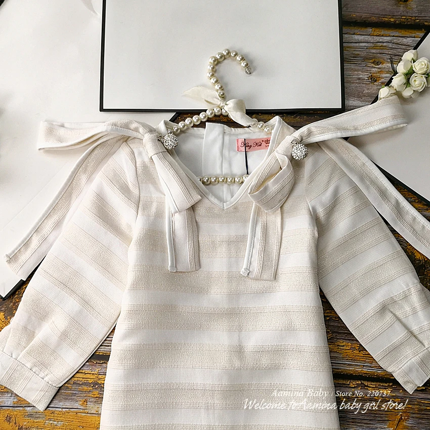 

596 V-Neck Bow Striped Brand Princess Baby Girls Dress Spring Fall Winter Party Kid Dress For Girl Wholesale Baby Girl Clothes