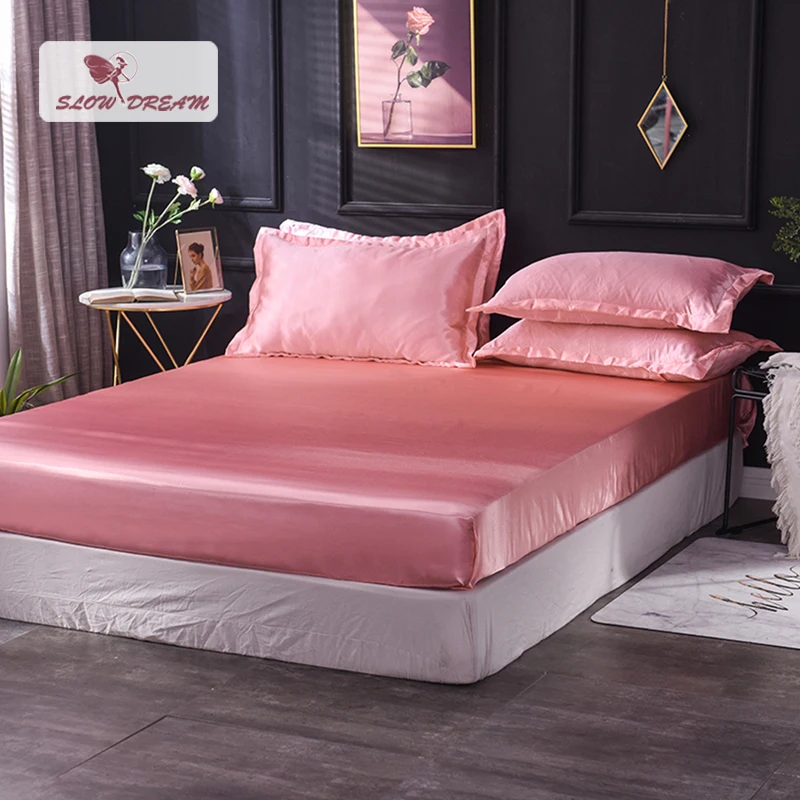 

Slowdream 1 Piece Wholesale Luxury 100% Silk Pink Fitted Sheet Elastic Band Mattress Cover Queen King Bed Sheets For Women Men