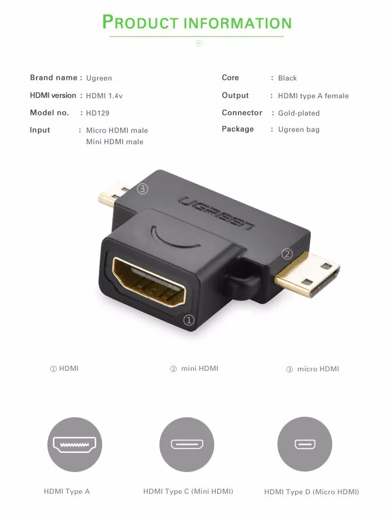 Ugreen 3 в 1 мини HDMI Мужской микро HDMI Мужской к HDMI Женский конвертер адаптер для планшетных ПК ТВ мобильного телефона HDMI адаптер