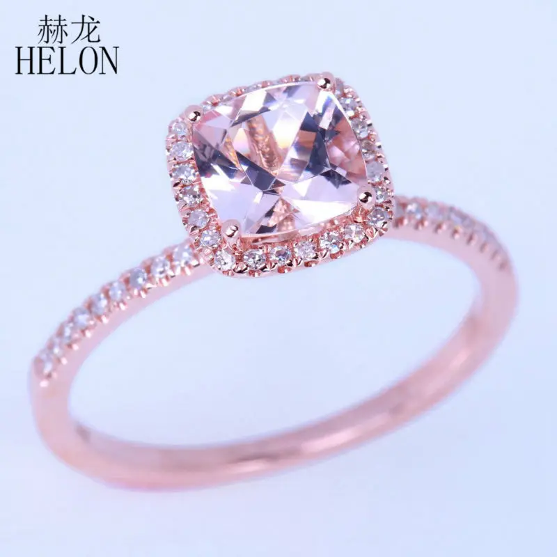 

HELON Solid 10k (417) Rose gold Cushion 6mm Cut 0.9CT Morganite Pave Natural Diamonds Wedding Engagement Women Fine Jewelry Ring