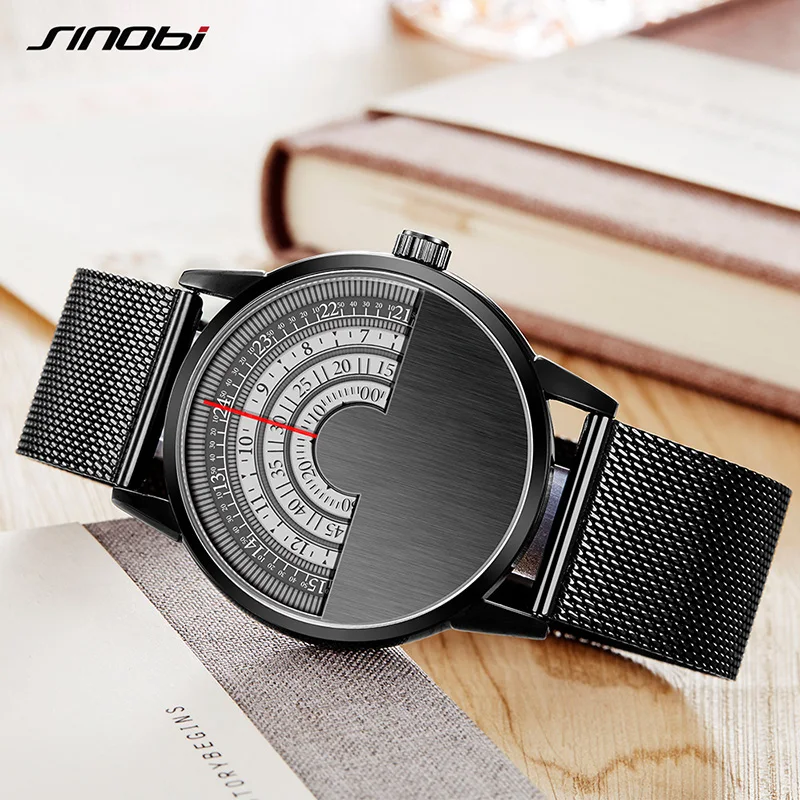 

SINOBI Mes Watches Top Brand Luxury Black Stainless Steel Mesh Strap Creative Three Turntables Quartz Watch Men 2018 Relogio
