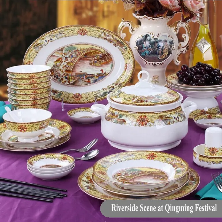 Chinese Style Tableware Sets of 56 Pcs Riverside Scene at Qingming