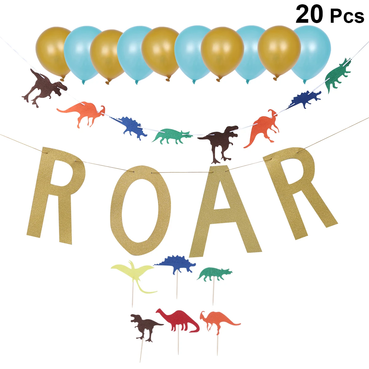 

20pcs Dinosaur Theme Birthday Party Set Decorative Felt Streamer Balloons Cake Toppers Banner For Party Layout Decoration