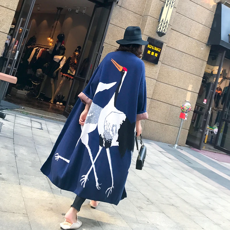 

TREND-Setter 2019 Autumn Casual Cashmere Trench Coat Women Cartoon Cranes Pattern Open Stitch Knitting Long Outwear Oversize