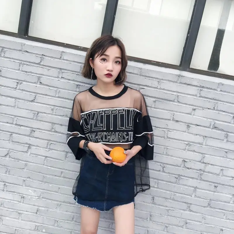Camisetas Mujer 2018 verano moda camiseta Top Mujer estilo coreano Harajuku malla perspectiva camiseta Mujer Camisetas sueltas
