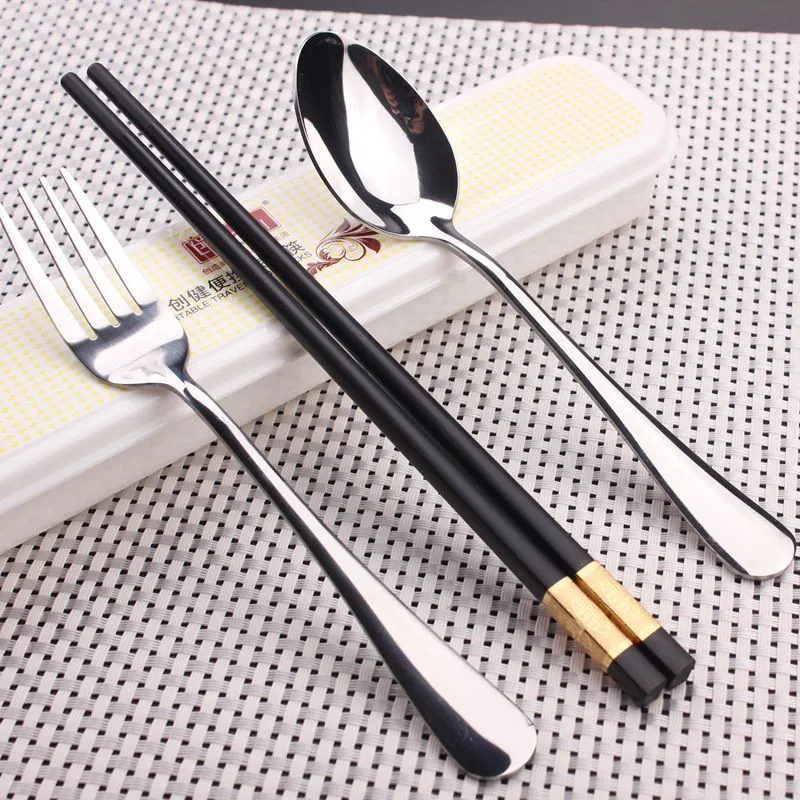 (3 pieces/1 set)Chinese flatware cutlery set for student include fork spoon chopsticks with gift