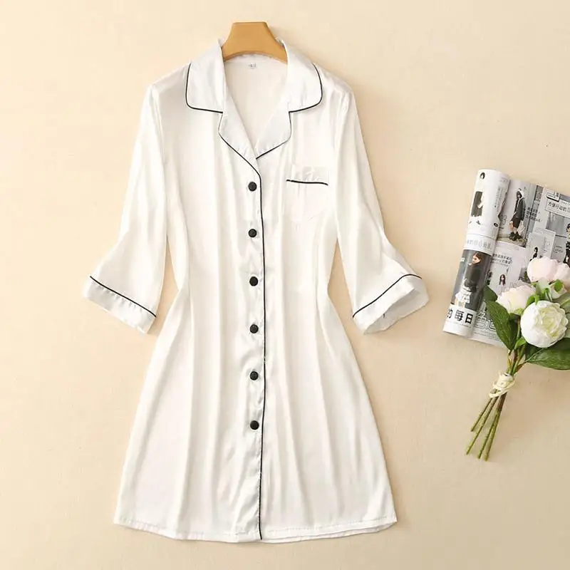 

Summer Solid Female Casual Night Shirt Short Sexy Nightgown Satin Sleepwear Loose Nightwear Night Dress With Pocket Lady Gift