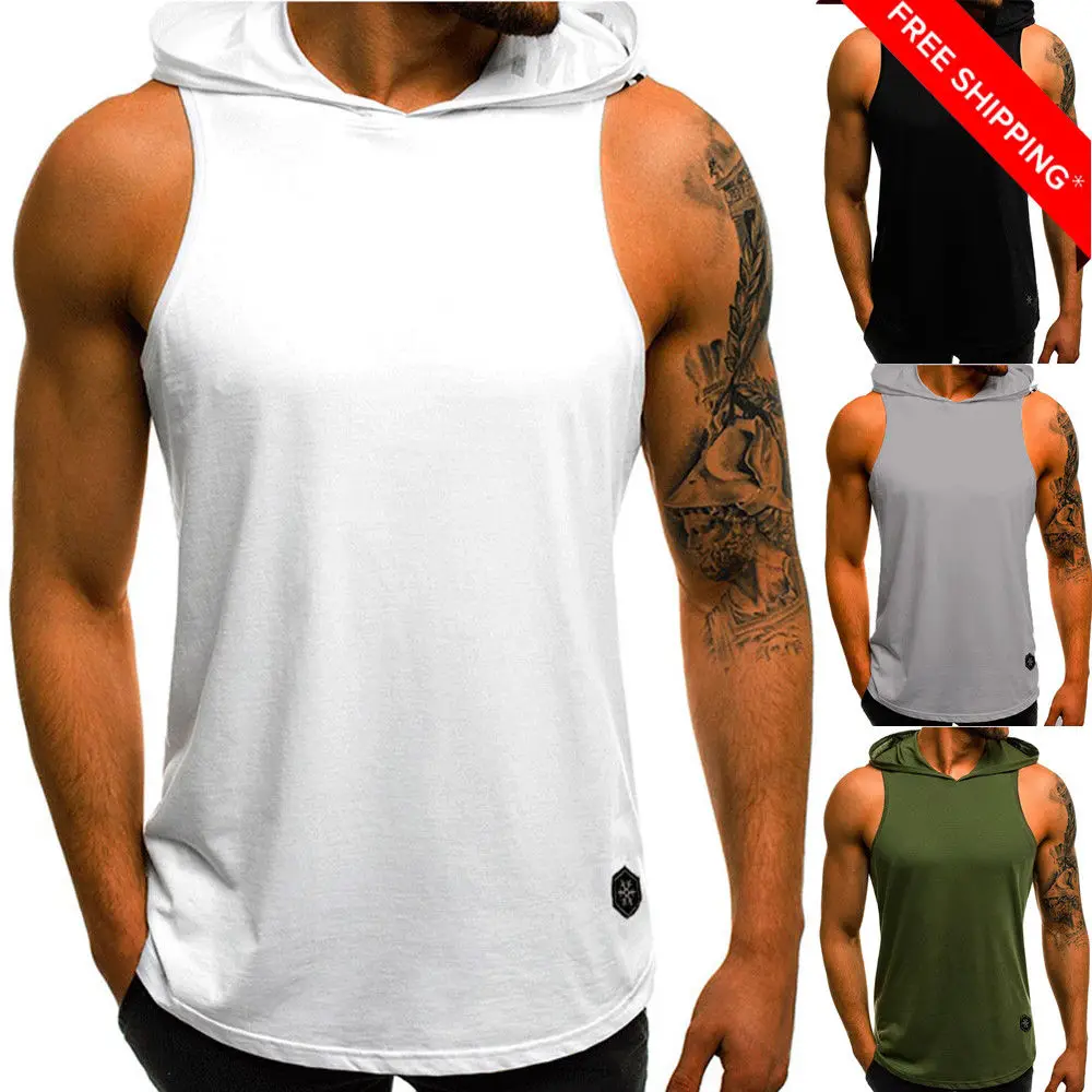 

Men's Sports Tank Tops Fitness Sleeveless Vest Hooded Shirt For Leisure Jogging