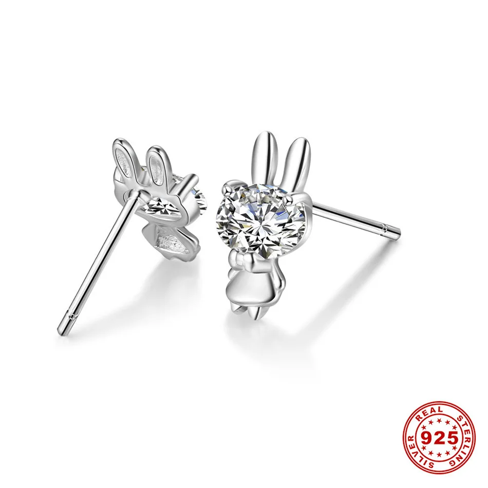 4Earrings Silver 925 New Cute Animal Bunny Rabbit CZ Ear Rings Christmas Gifts For Women Girls Children Bijoux Stud Earrings