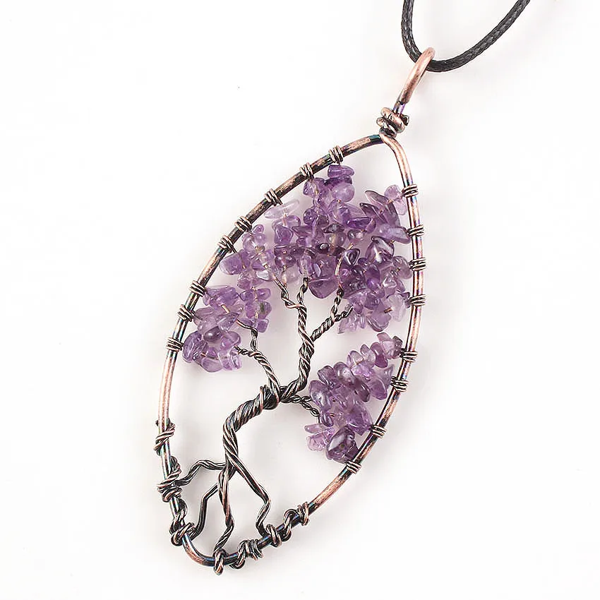 

FYJS Unique Copper Plated Wire Wrap Tree of Life Natural Purple Amethysts Stone Pendant Necklace Marquise Shape Jewelry