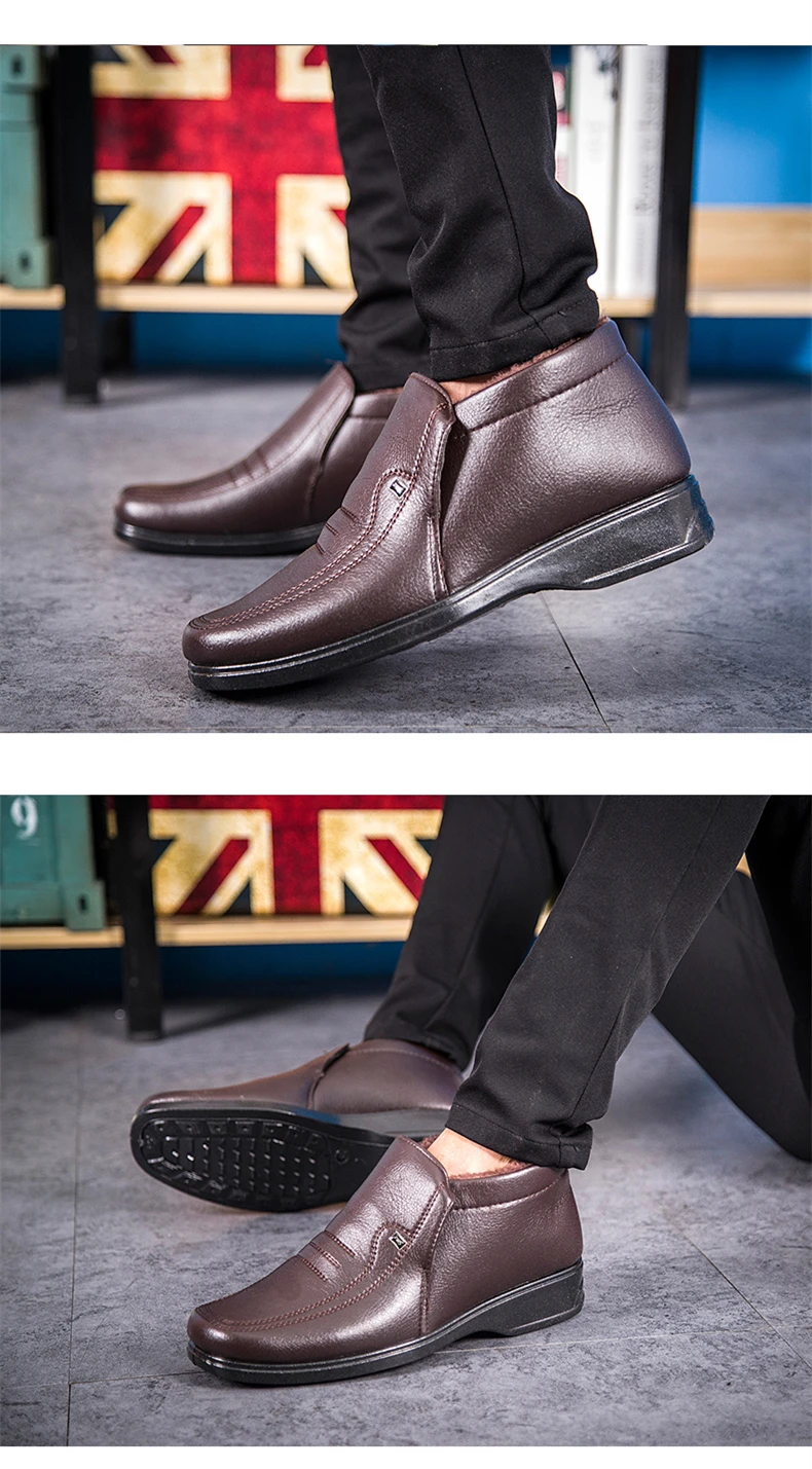 Brand Men's Boots Warm Fur Leather Ankle Shoes British Style Father Gift Winter Black Brown Casual Waterproof  Shoe (12)