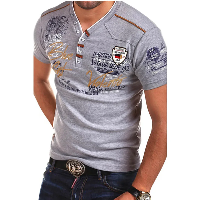 Бренд ZOGAA, летние мужские рубашки с коротким рукавом, модные хлопковые рубашки с v-образным вырезом, облегающие мужские топы, повседневные мужские рубашки, футболки с принтом