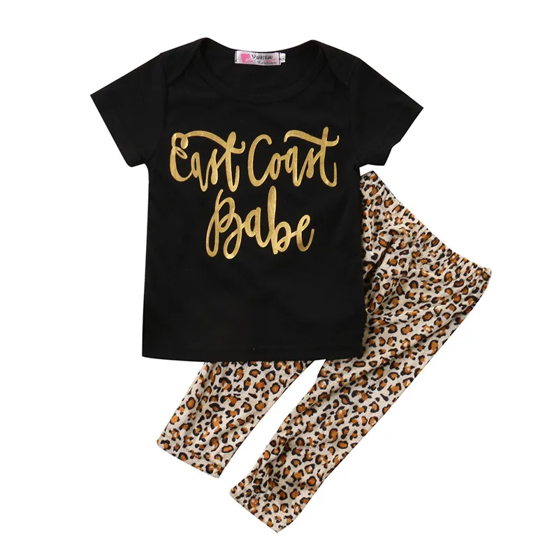 2pcs Kids Baby Girl Leopard Summer Sets Short Sleeve T shirt Tops