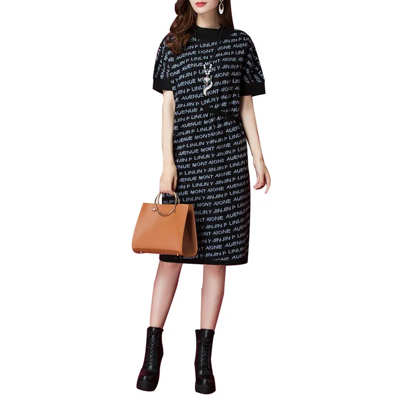 

Spring Autumn Women Turtleneck Sweater Knit Cashmere Dress 2019 New Dress Letter Print Loose Mid Long pullover Dress Female N652