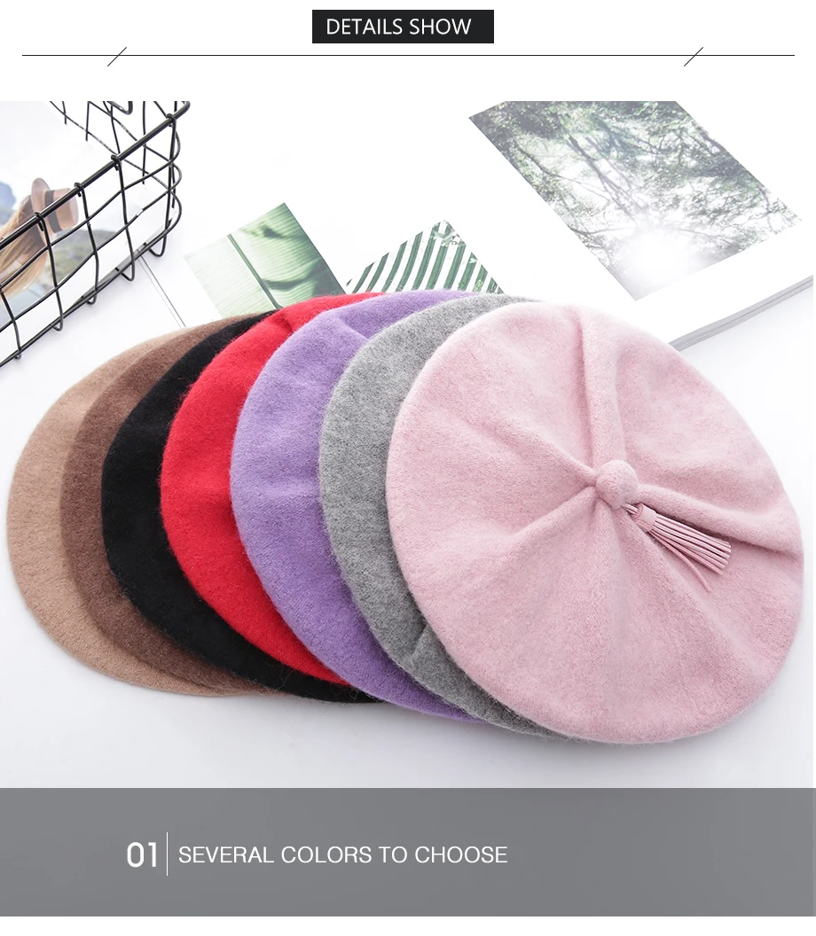 Women Knit Beret 100% Pure Wool Winter Warm Hat Female British Style Lady Painter Bonnet Hats Solid Color Beanie High Quality  (17)