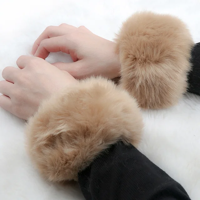 Women's Cuff Over Sleeve Wrist Gloves Sleeve Wristband Plush Faux Fur Furry Red