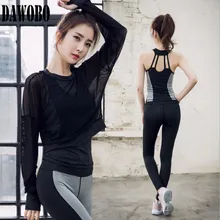 3 предмета Комплект Для женщин Йога костюм сетчатый топ+ Йога футболки+ спортивные брюки открытый Фитнес Бег одежда тренажерный зал Йога комплект